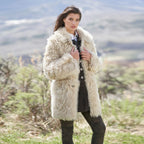 Women Cream Shearling Aviator Sheepskin Leather Long Coat