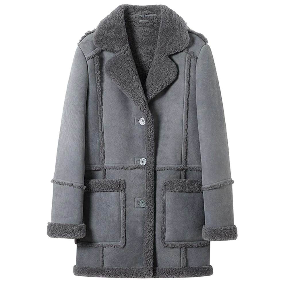 New Gray Women Sheepskin Long Shearling Suede Leather Coat