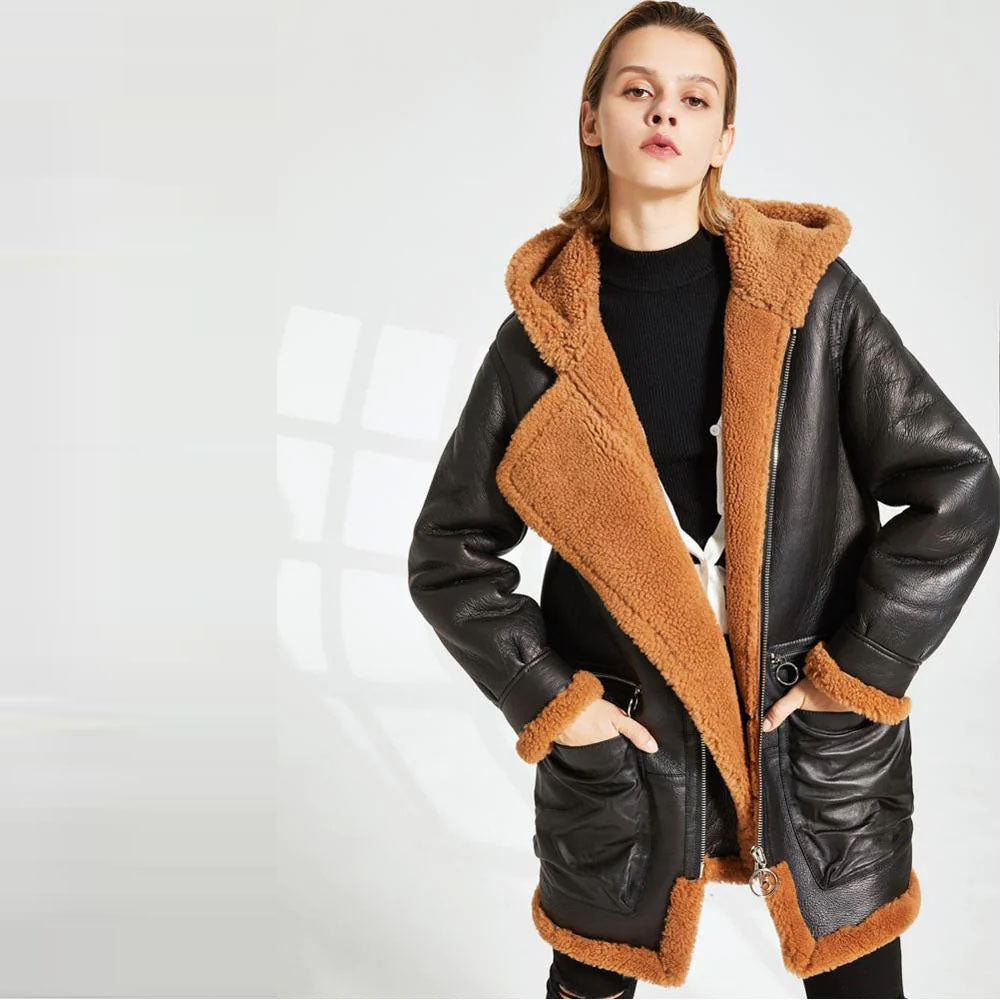 New Black Hooded Sheepskin Leather Shearling Long Coat For Women