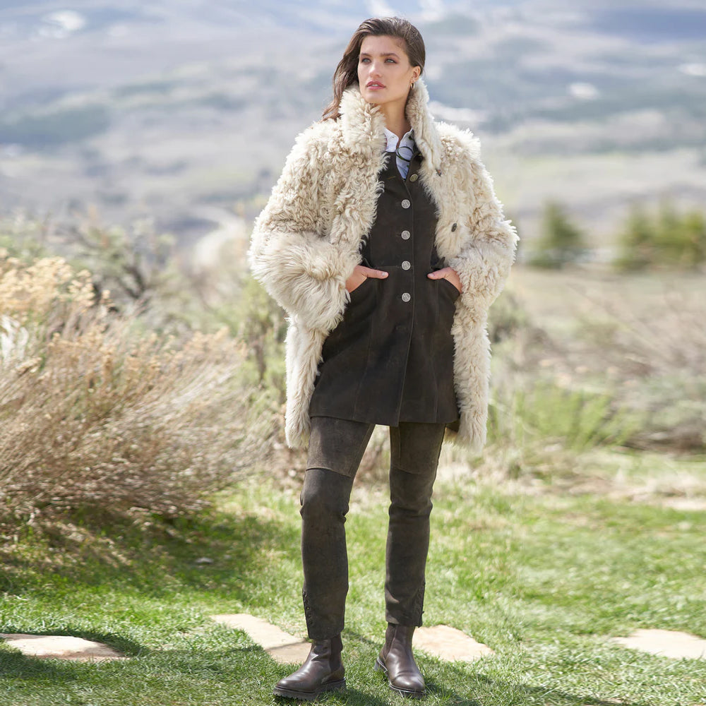 Women Cream Shearling Aviator Sheepskin Leather Long Coat