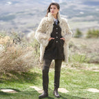 Women Cream Shearling Aviator Sheepskin Leather Long Coat