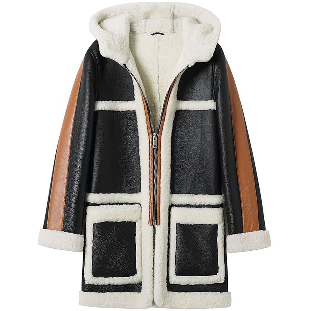 Women's Black Hooded Sheepskin B3 Bomber Shearling Leather Coat