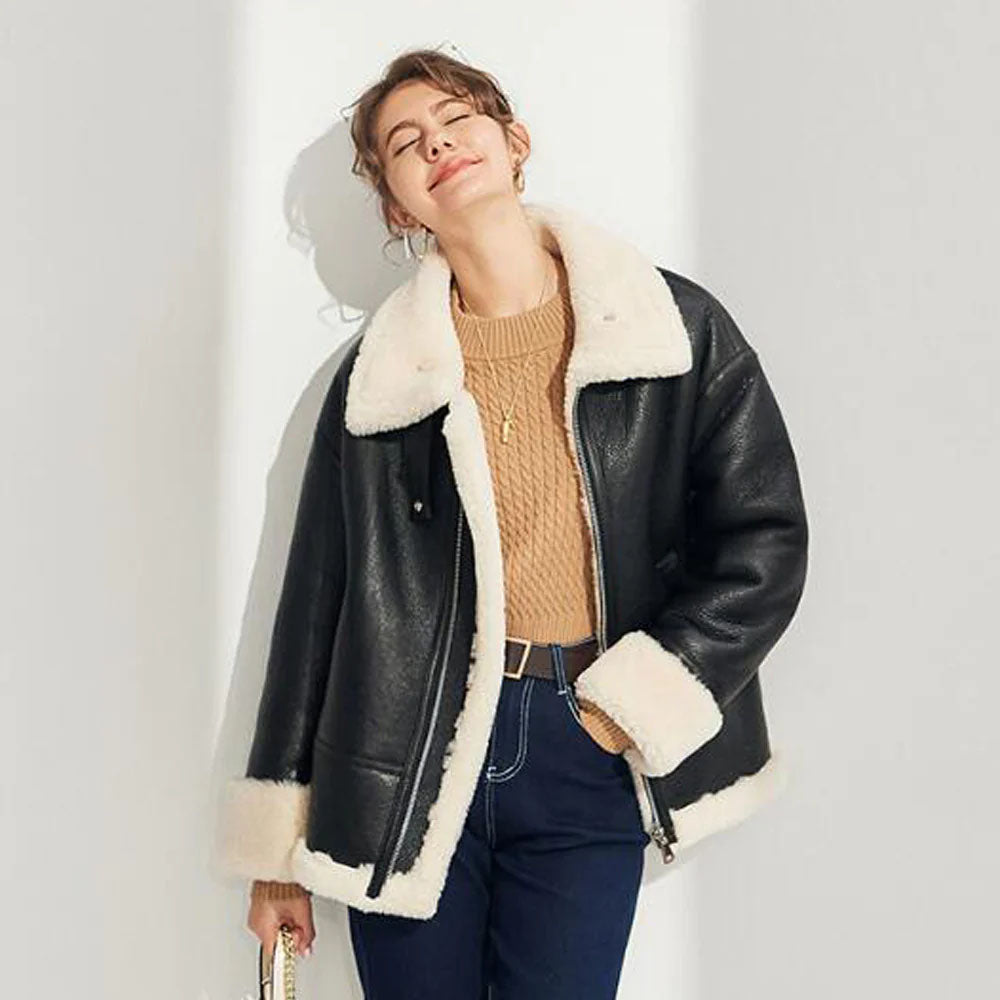 New Women's Black Shearling Leather Lapel Collar Coat