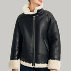 New Women's Black Shearling Leather Lapel Collar Coat