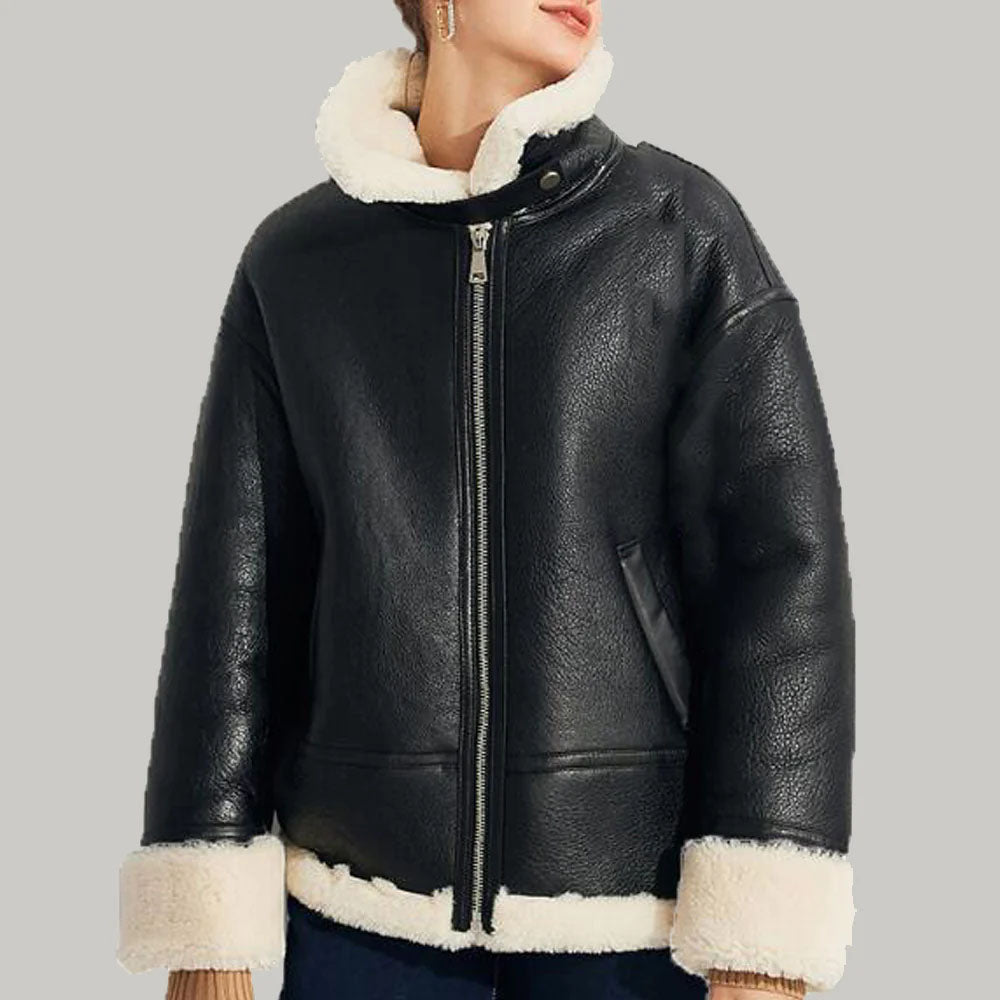 New Women's Black Shearling Leather Lapel Collar Coat