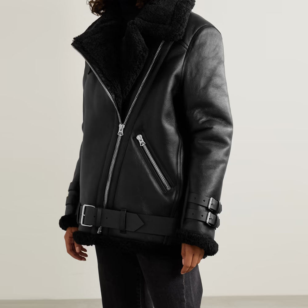 Women Black Aviator Fur Belted Sheepskin Flight Shearling Leather Jacket