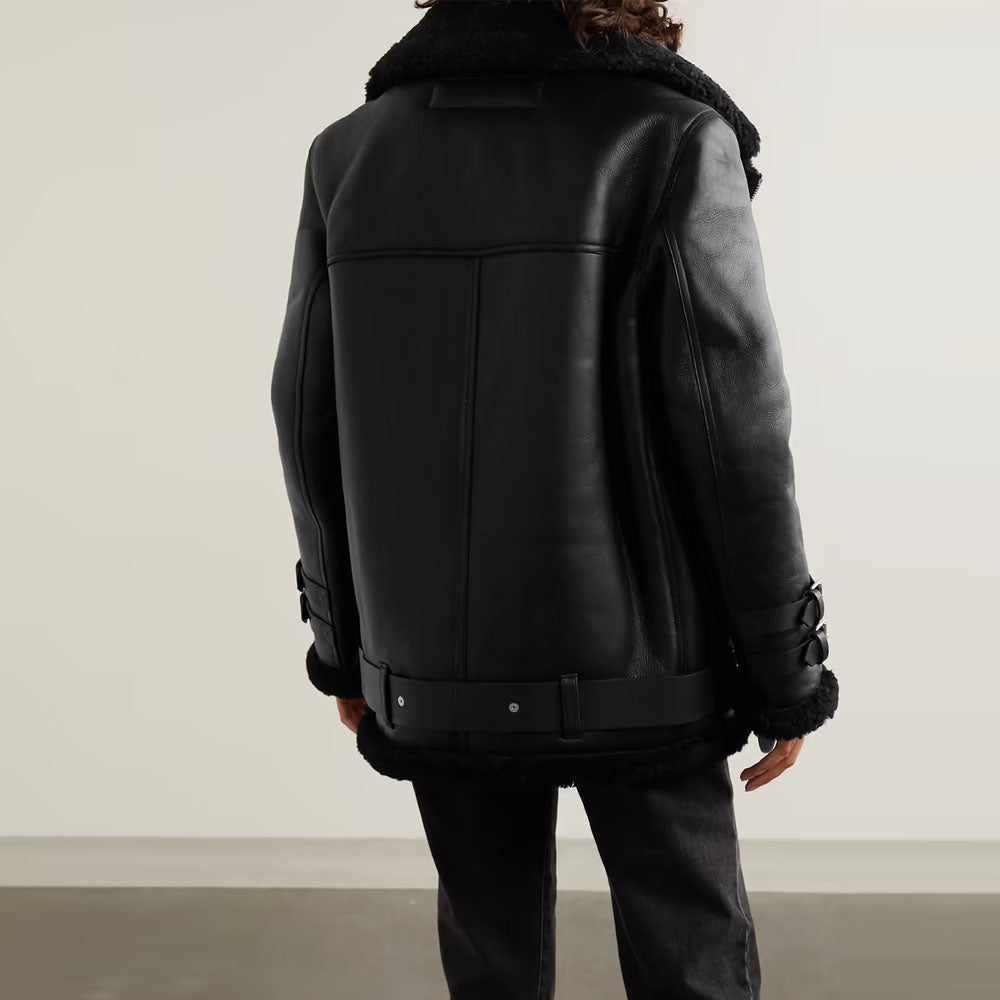 Women Black Aviator Fur Belted Sheepskin Flight Shearling Leather Jacket
