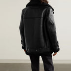 Women Black Aviator Fur Belted Sheepskin Flight Shearling Leather Jacket