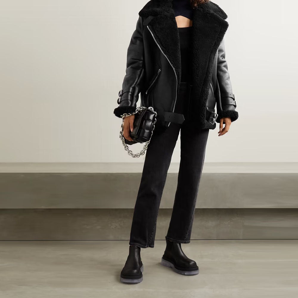 Women Black Aviator Fur Belted Sheepskin Flight Shearling Leather Jacket