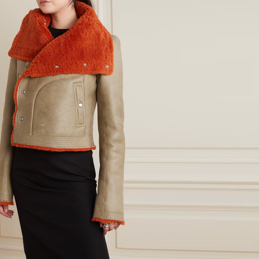 Women Orange Aviator Fur Collar Flight Sheepskin Shearling Leather Jacket