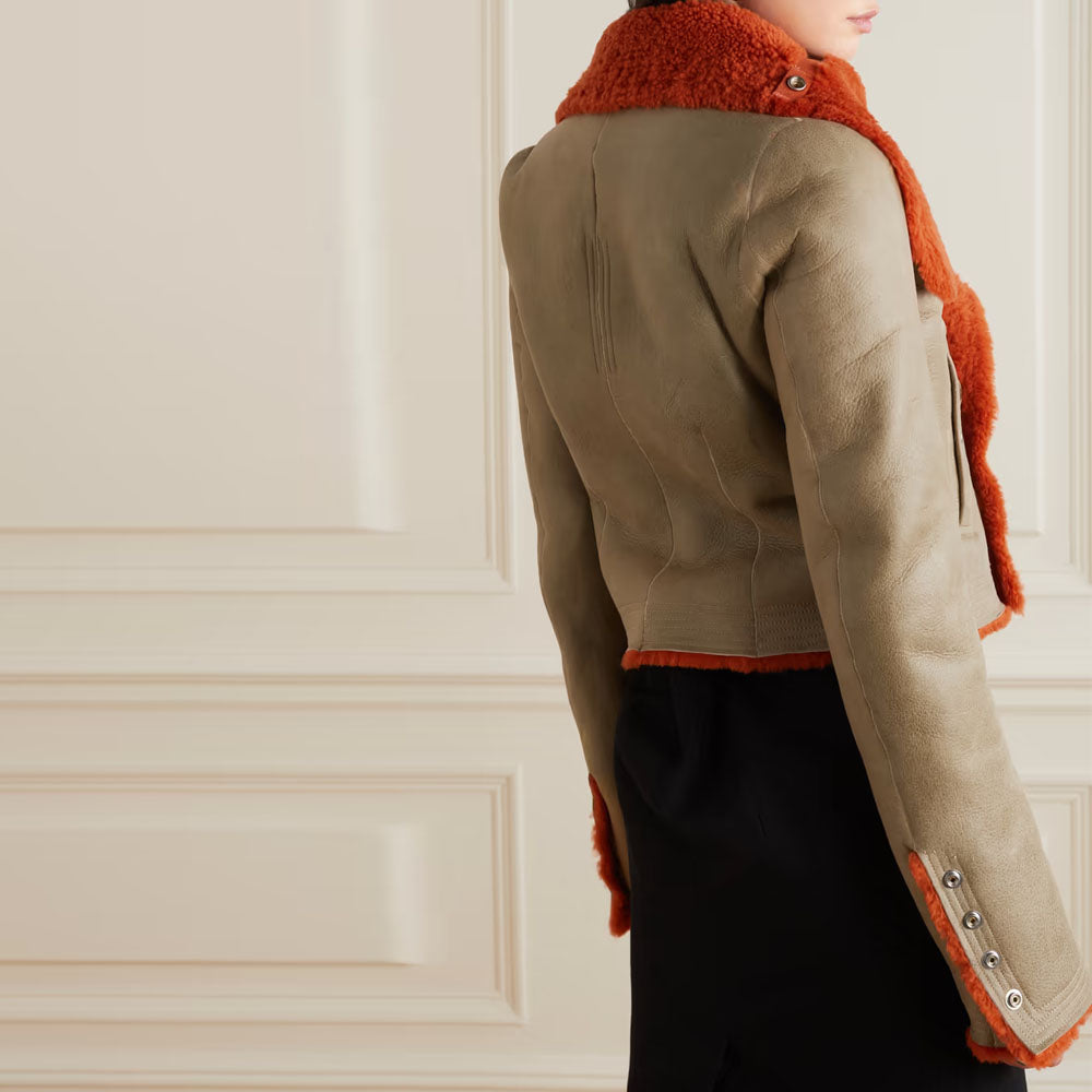 Women Orange Aviator Fur Collar Flight Sheepskin Shearling Leather Jacket