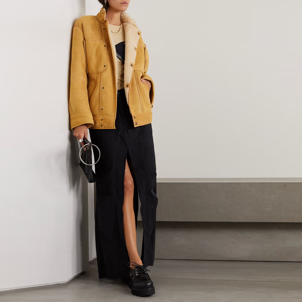 Women Brown Sheepskin Aviator Fur Collar RAF Shearling Suede Leather Jacket