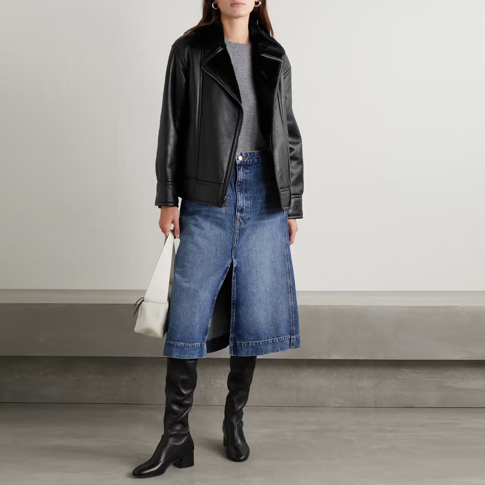 Women Black Sheepskin Fur Aviator Airforce Shearling Leather Jacket