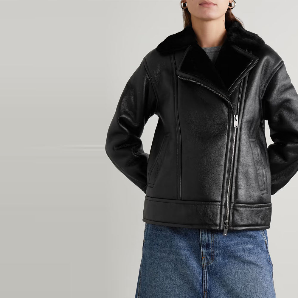 Women Black Sheepskin Fur Aviator Airforce Shearling Leather Jacket