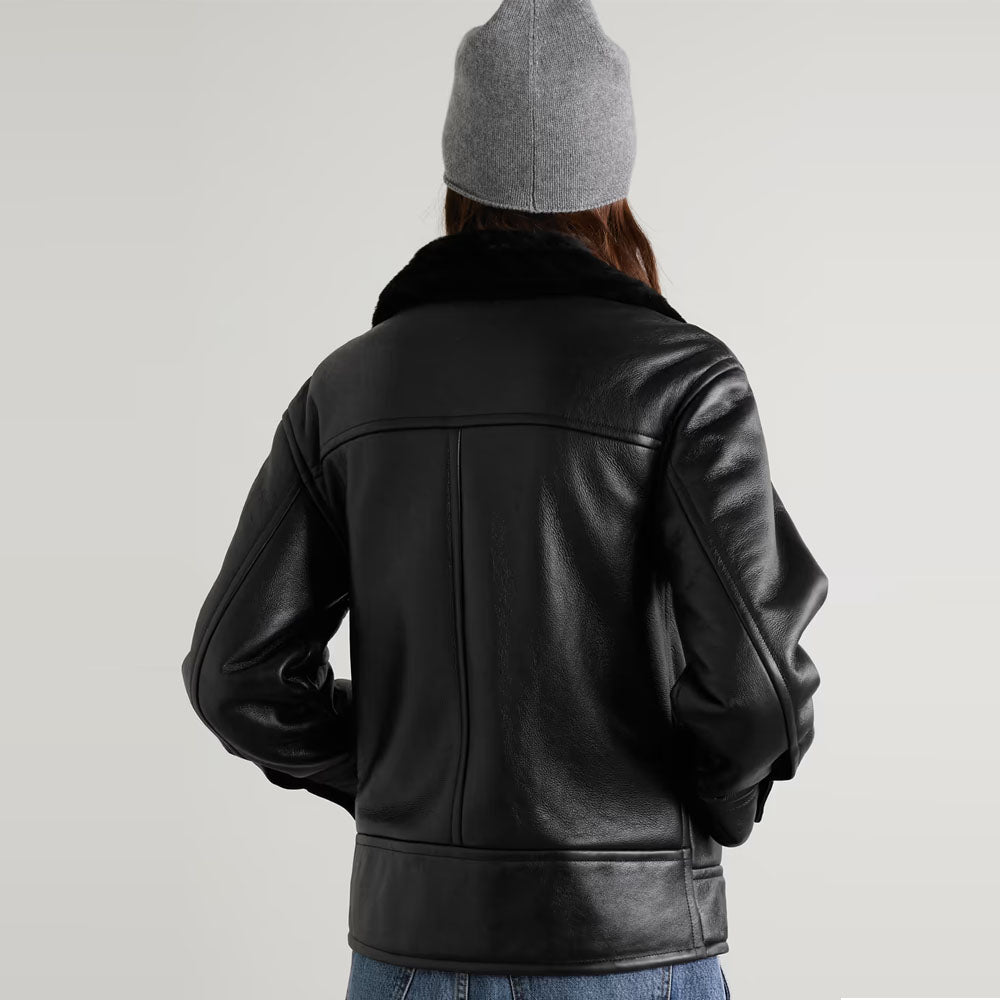 Women Black Sheepskin Fur Aviator Airforce Shearling Leather Jacket