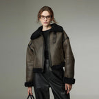 Women Still Grey Cropped Distressed Shearling Collar Sheepskin Leather Biker Jacket