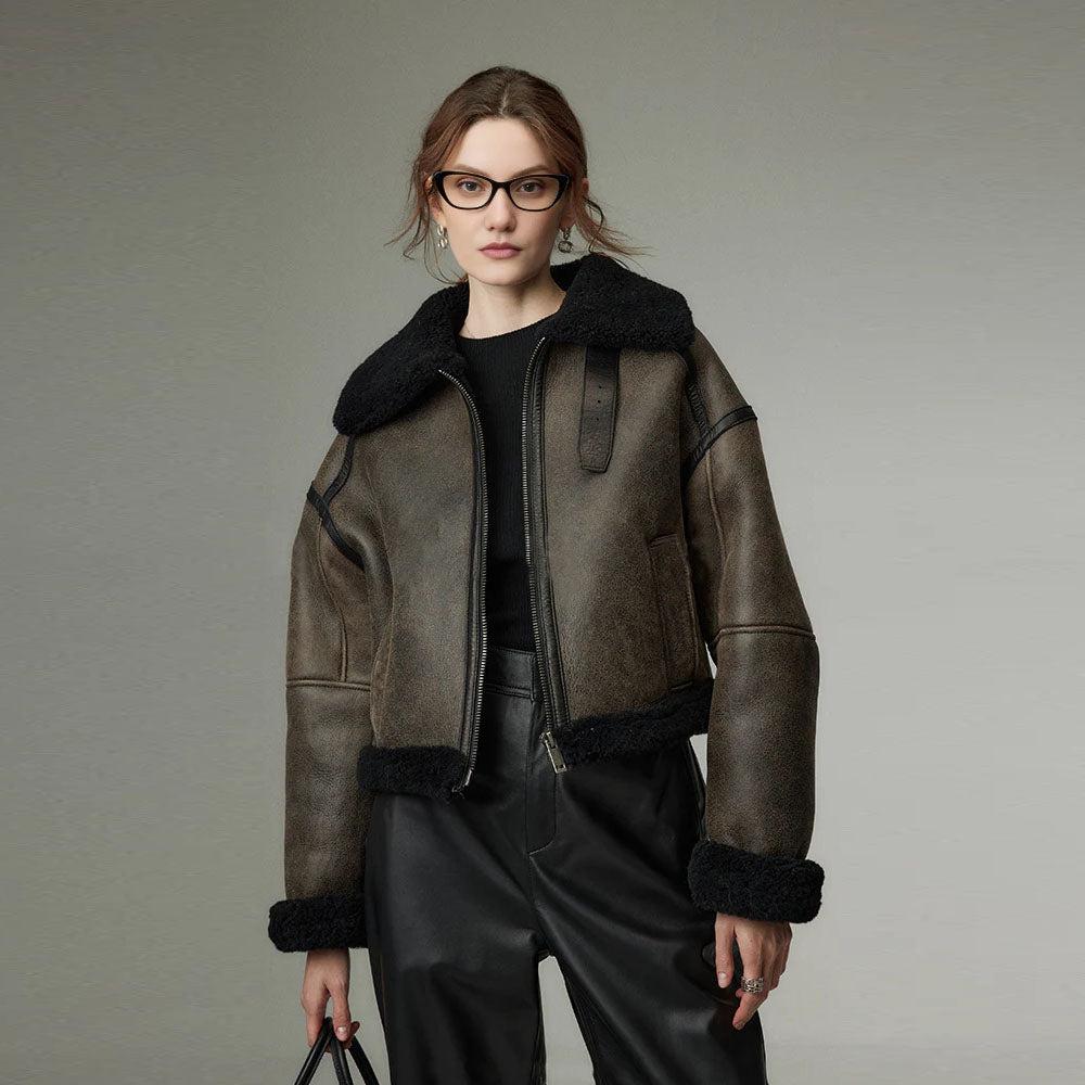 Women Still Grey Cropped Distressed Shearling Collar Sheepskin Leather Biker Jacket