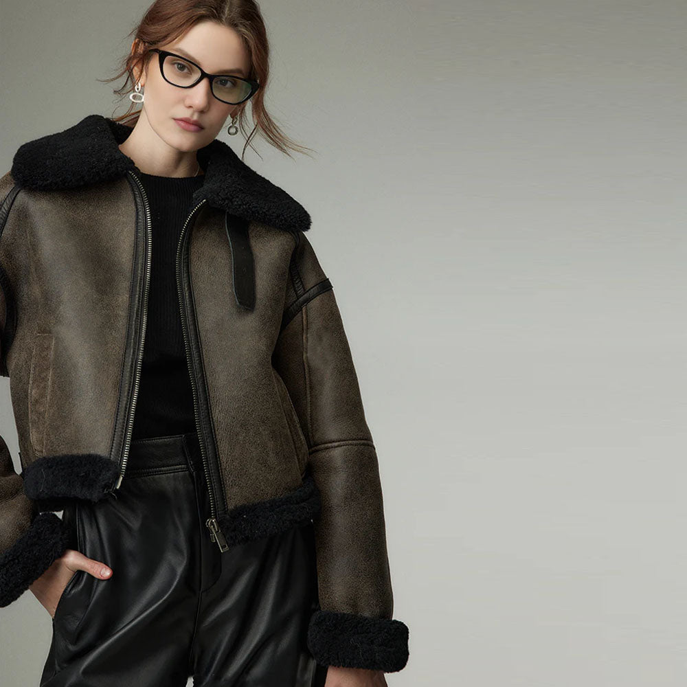 Women Still Grey Cropped Distressed Shearling Collar Sheepskin Leather Biker Jacket