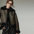 Women Still Grey Cropped Distressed Shearling Collar Sheepskin Leather Biker Jacket