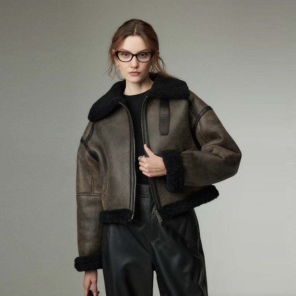 Women Still Grey Cropped Distressed Shearling Collar Sheepskin Leather Biker Jacket