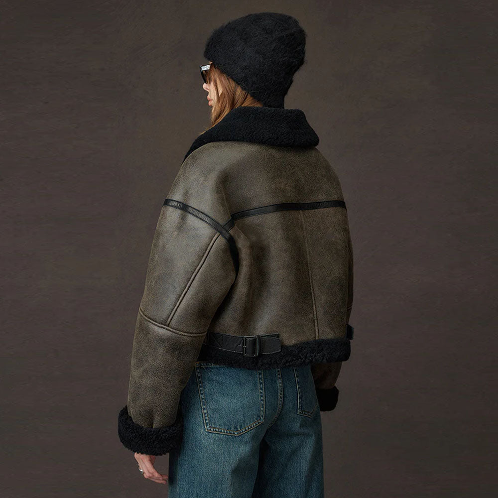 Women Still Grey Cropped Distressed Shearling Collar Sheepskin Leather Biker Jacket