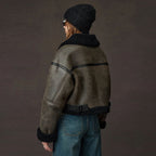 Women Still Grey Cropped Distressed Shearling Collar Sheepskin Leather Biker Jacket