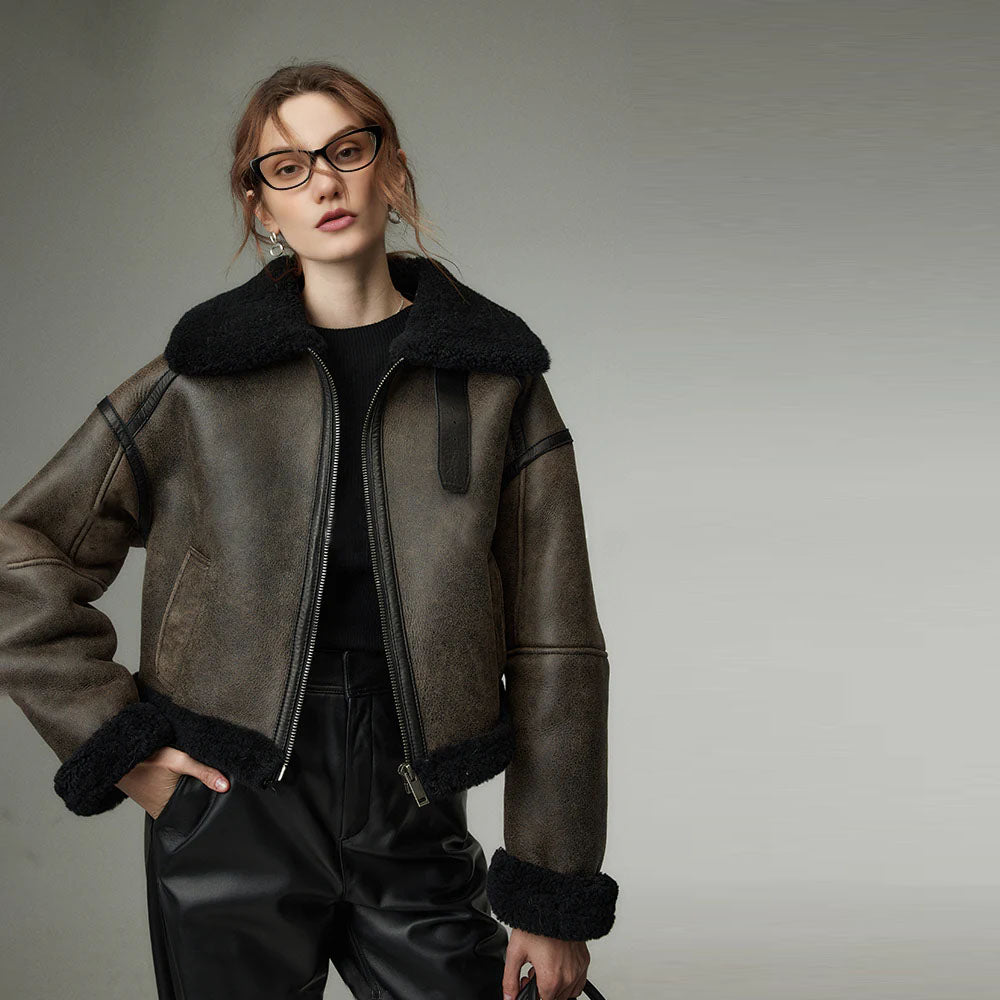 Women Still Grey Cropped Distressed Shearling Collar Sheepskin Leather Biker Jacket