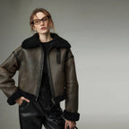 Women Still Grey Cropped Distressed Shearling Collar Sheepskin Leather Biker Jacket