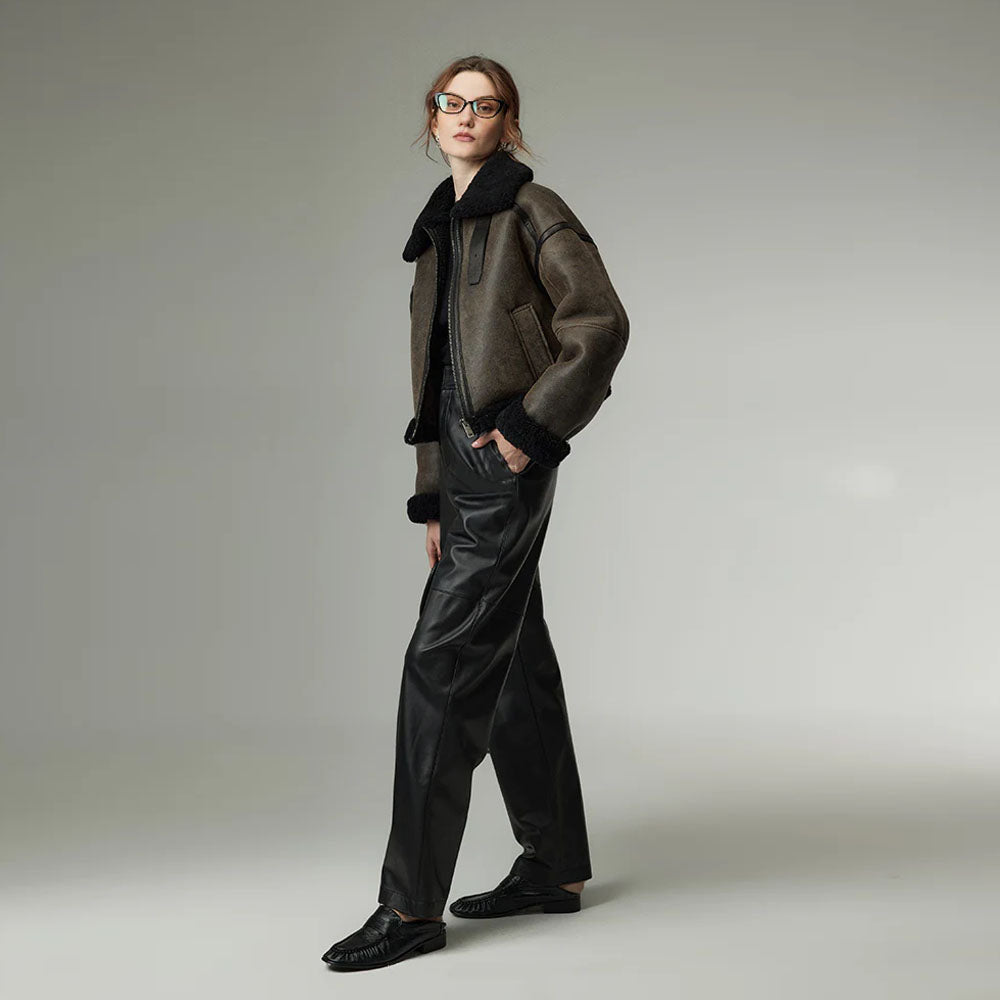 Women Still Grey Cropped Distressed Shearling Collar Sheepskin Leather Biker Jacket