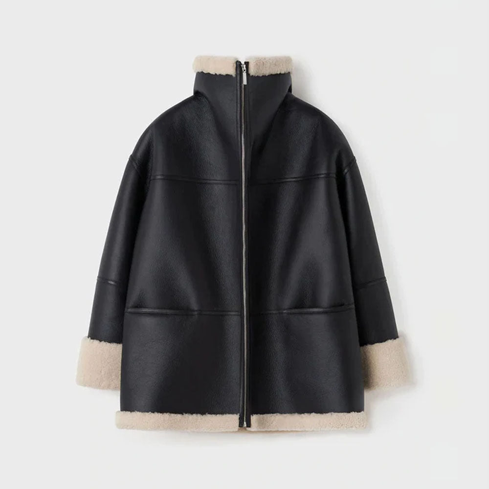 Women Black Aviator Fur Flight B3 Sheepskin RAF Shearling Leather Jacket