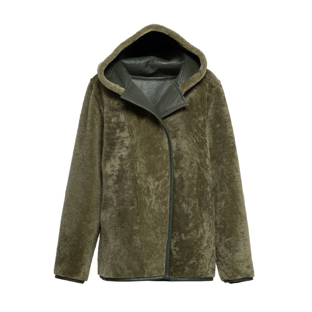 New Women Green Shearling Flight Aviator Oversized Sheepskin Leather Jacket