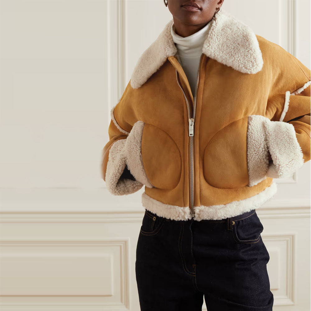 Women Brown Sheepskin B3 Flight Fur Collar Shearling Leather Jacket