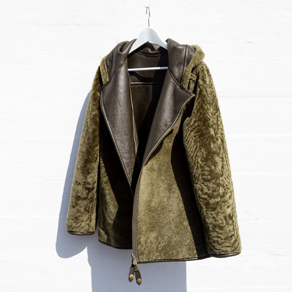 New Women Green Shearling Flight Aviator Oversized Sheepskin Leather Jacket