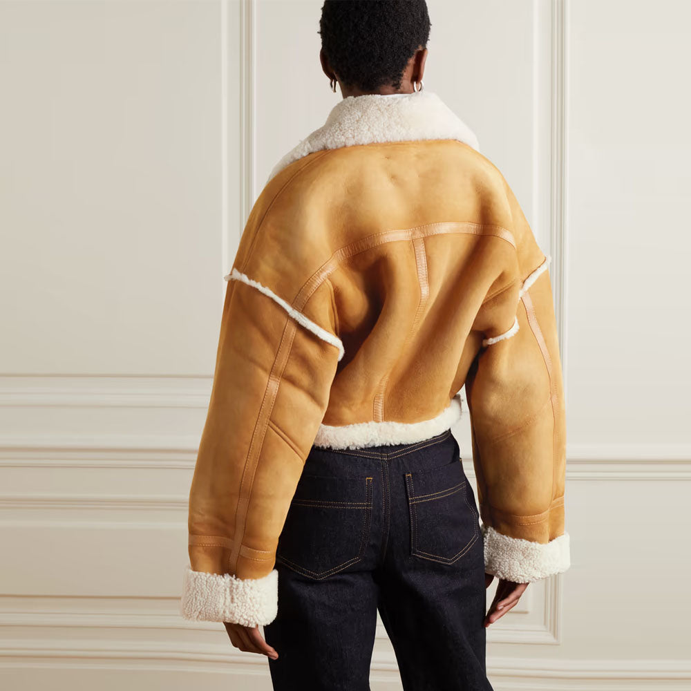 Women Brown Sheepskin B3 Flight Fur Collar Shearling Leather Jacket