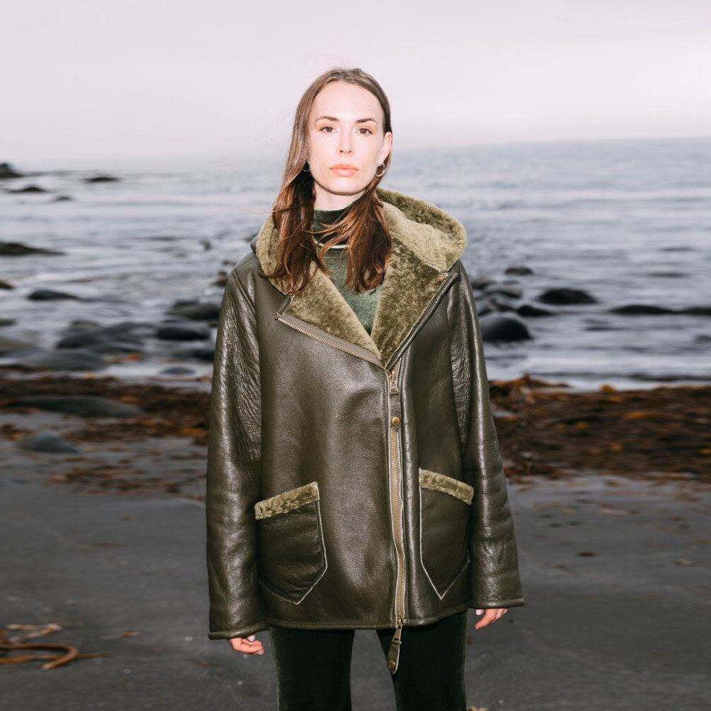 New Women Green Shearling Flight Aviator Oversized Sheepskin Leather Jacket