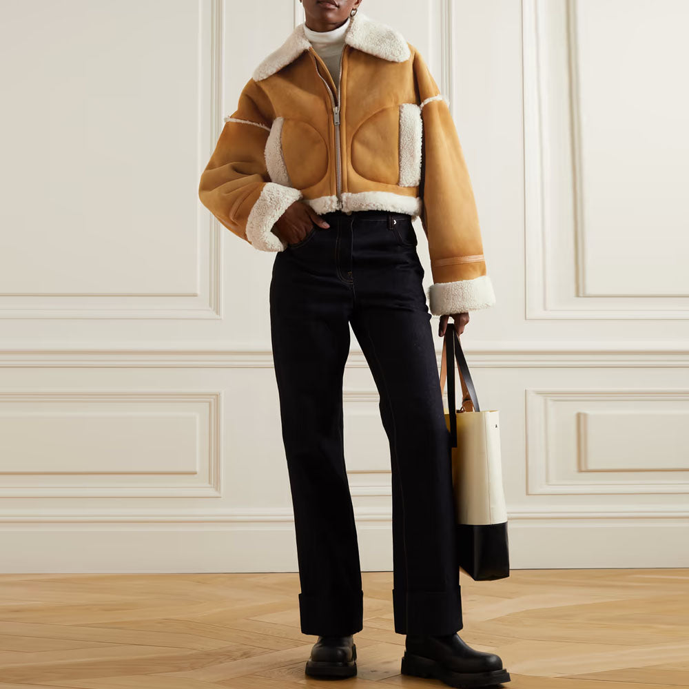 Women Brown Sheepskin B3 Flight Fur Collar Shearling Leather Jacket
