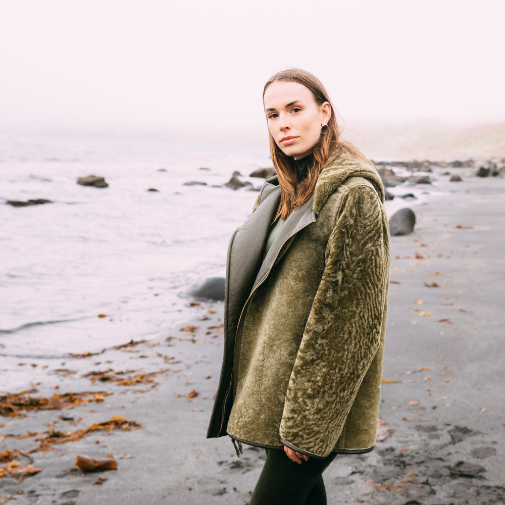 New Women Green Shearling Flight Aviator Oversized Sheepskin Leather Jacket