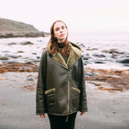 New Women Green Shearling Flight Aviator Oversized Sheepskin Leather Jacket