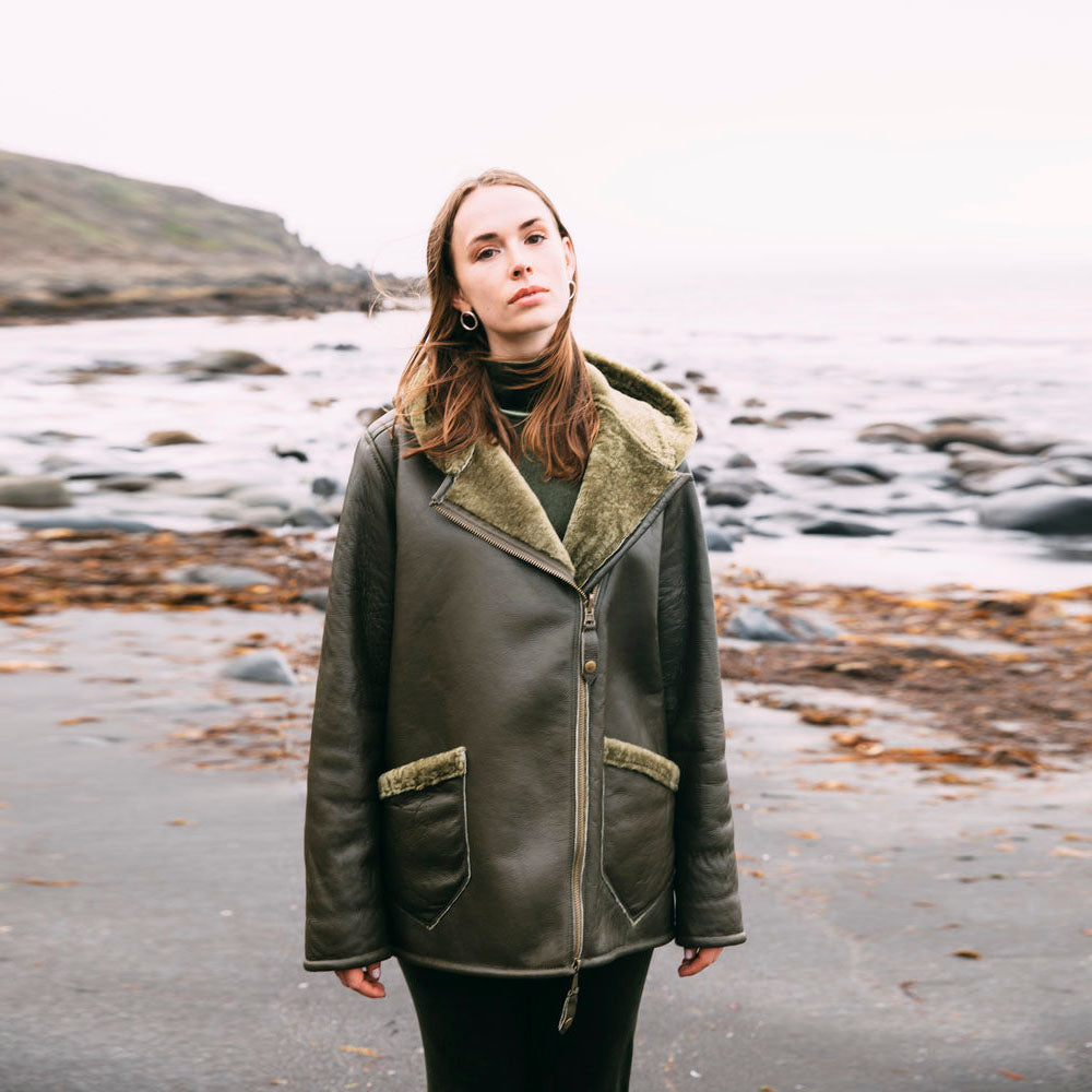 New Women Green Shearling Flight Aviator Oversized Sheepskin Leather Jacket
