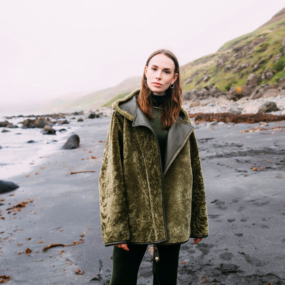 New Women Green Shearling Flight Aviator Oversized Sheepskin Leather Jacket