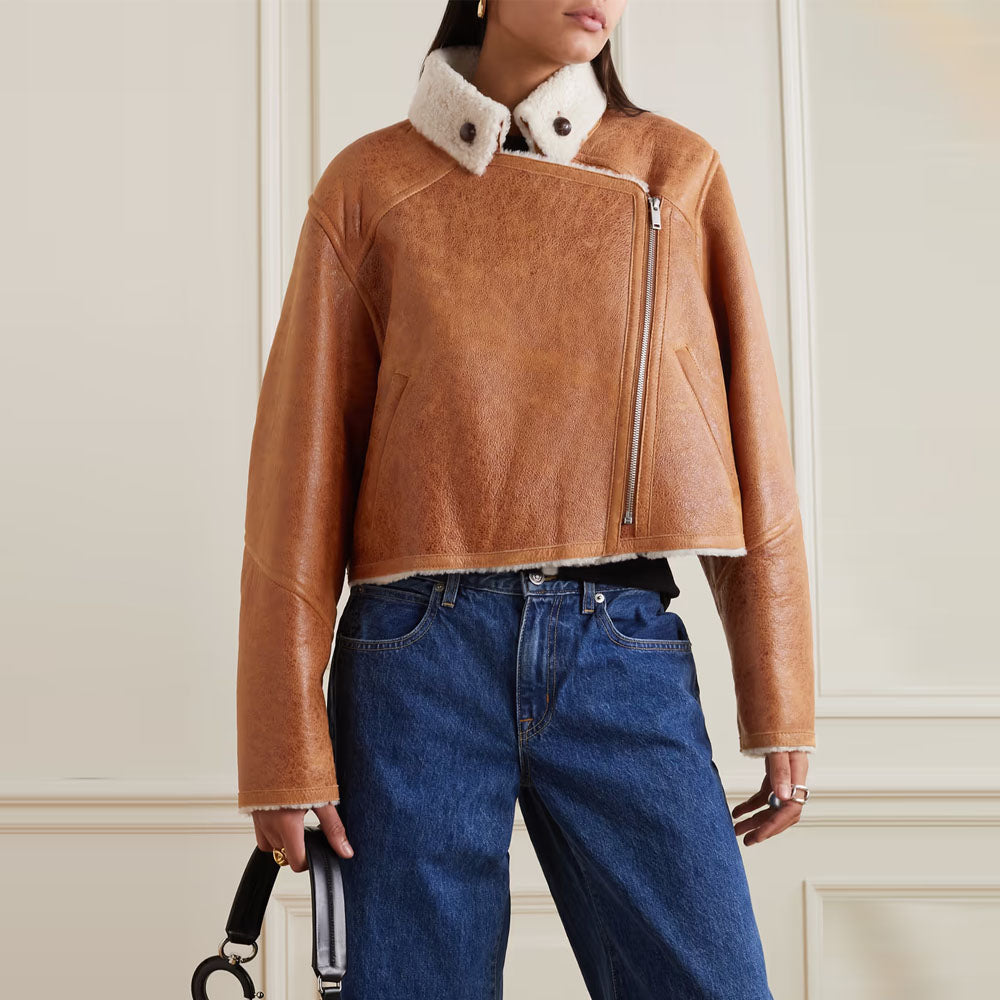 Women Brown Aviator B3 Shearling Fur Collar RAF Sheepskin Leather Jacket