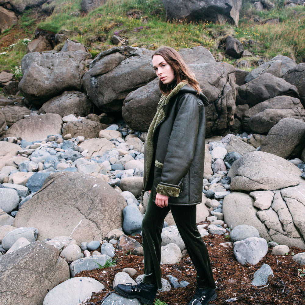 New Women Green Shearling Flight Aviator Oversized Sheepskin Leather Jacket