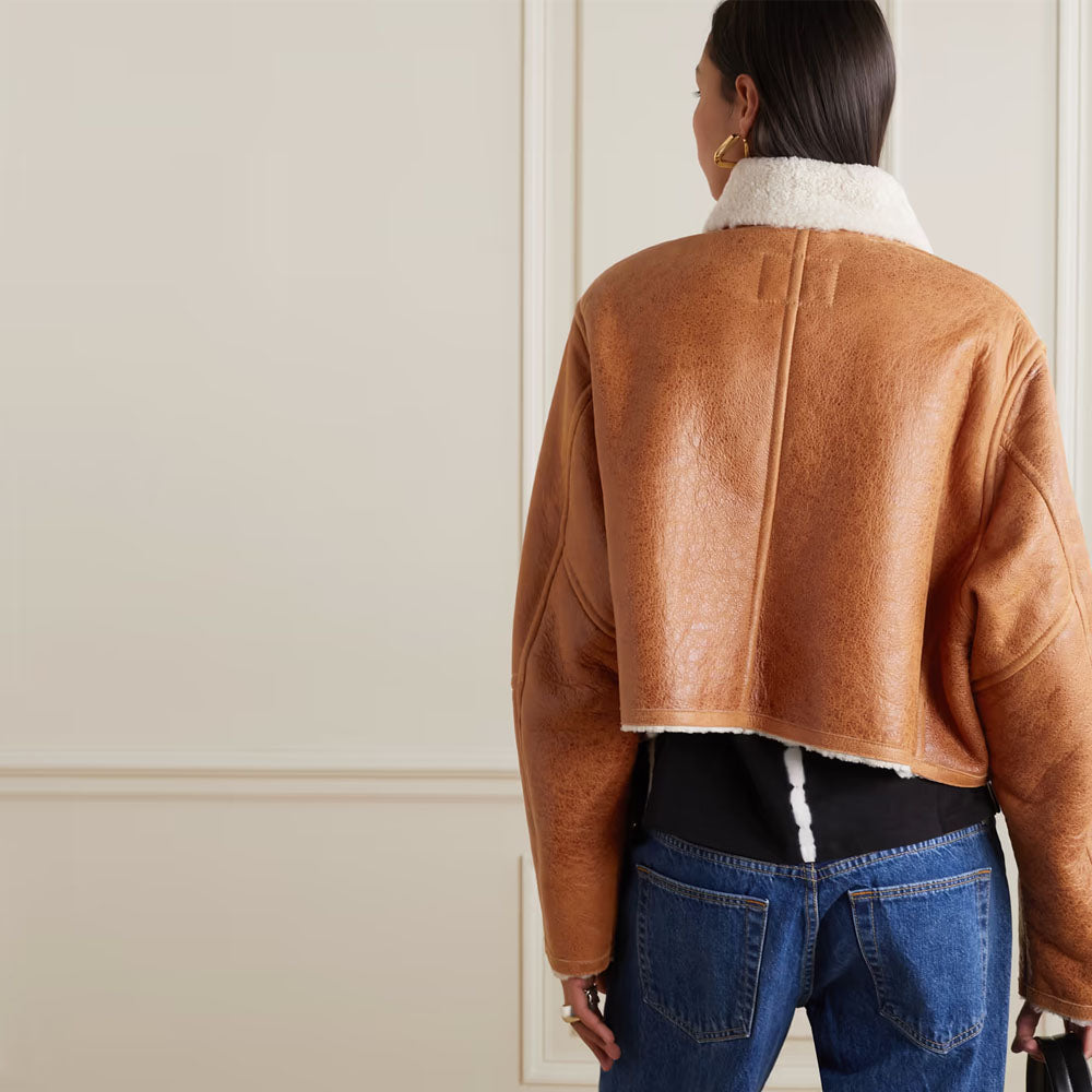 Women Brown Aviator B3 Shearling Fur Collar RAF Sheepskin Leather Jacket