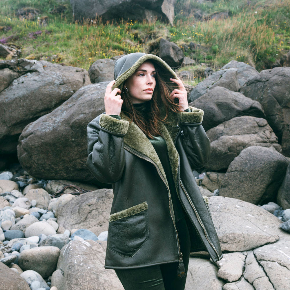 New Women Green Shearling Flight Aviator Oversized Sheepskin Leather Jacket