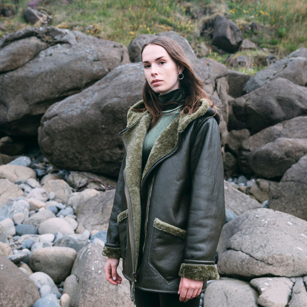 New Women Green Shearling Flight Aviator Oversized Sheepskin Leather Jacket