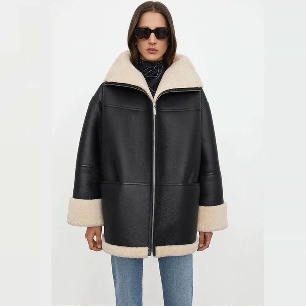 Women Black Aviator Fur Flight B3 Sheepskin RAF Shearling Leather Jacket