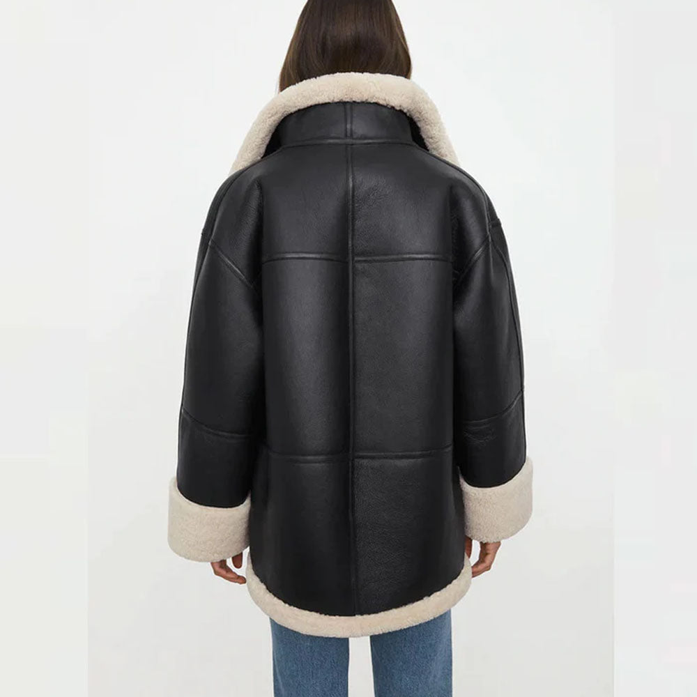 Women Black Aviator Fur Flight B3 Sheepskin RAF Shearling Leather Jacket
