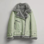 Green Women B3 Aviator Fur collar Sheepskin Styled Shearling Leather Jacket