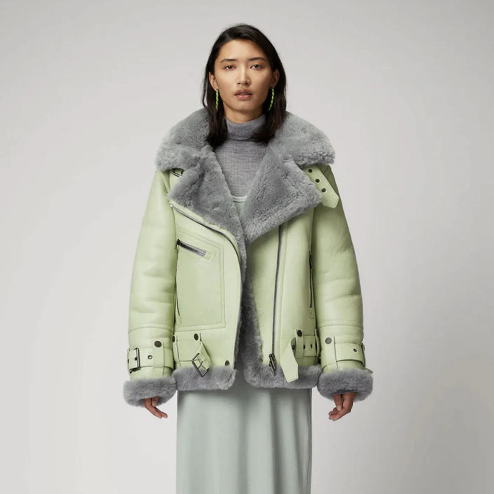 Green Women B3 Aviator Fur collar Sheepskin Styled Shearling Leather Jacket
