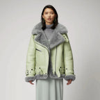 Green Women B3 Aviator Fur collar Sheepskin Styled Shearling Leather Jacket